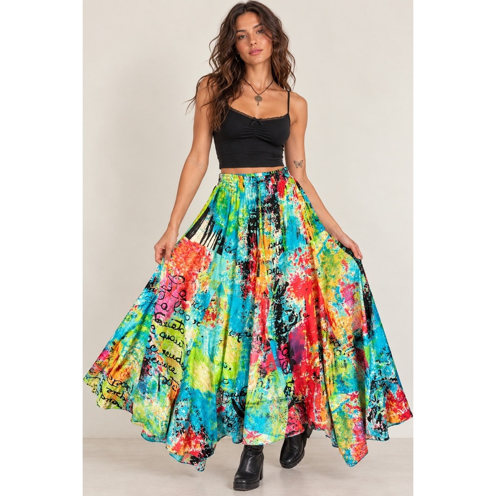 Boho Fairycore Wearable Art Abstract Maxi Skirt Flowy Festival Medium Cotton